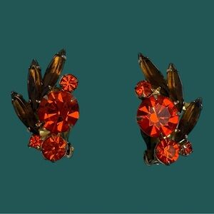 Vintage D&E Juliana Clip On Earrings Orange Rhinestones Mid-Century Modern MCM